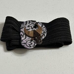 Woven Black Belt with Handmade Artistic Wood & Silver‎ Tone Bull Buckle Hook 36"